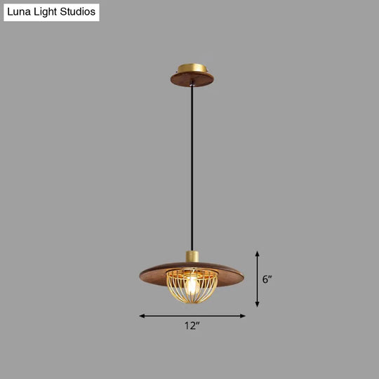 Contemporary Wooden Pendant Light With Cage Bottom - 1-Light Hanging Ceiling Fixture 1 / Coffee