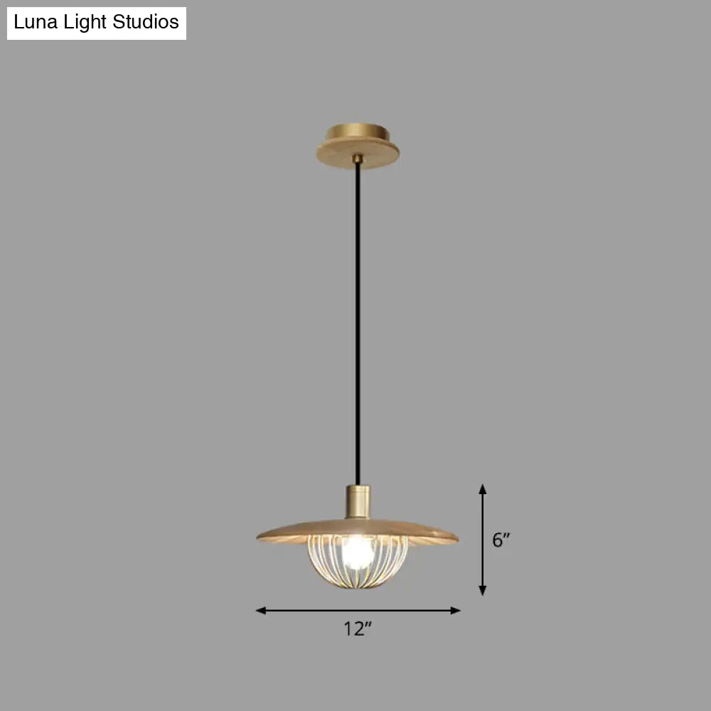 Contemporary Wooden Pendant Light With Cage Bottom - 1-Light Hanging Ceiling Fixture 1 / Wood