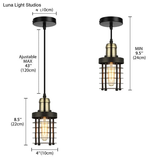 Iron Cylindrical Ceiling Fixture Retro Industrial Hanging Lamp With Wire Cage Shade