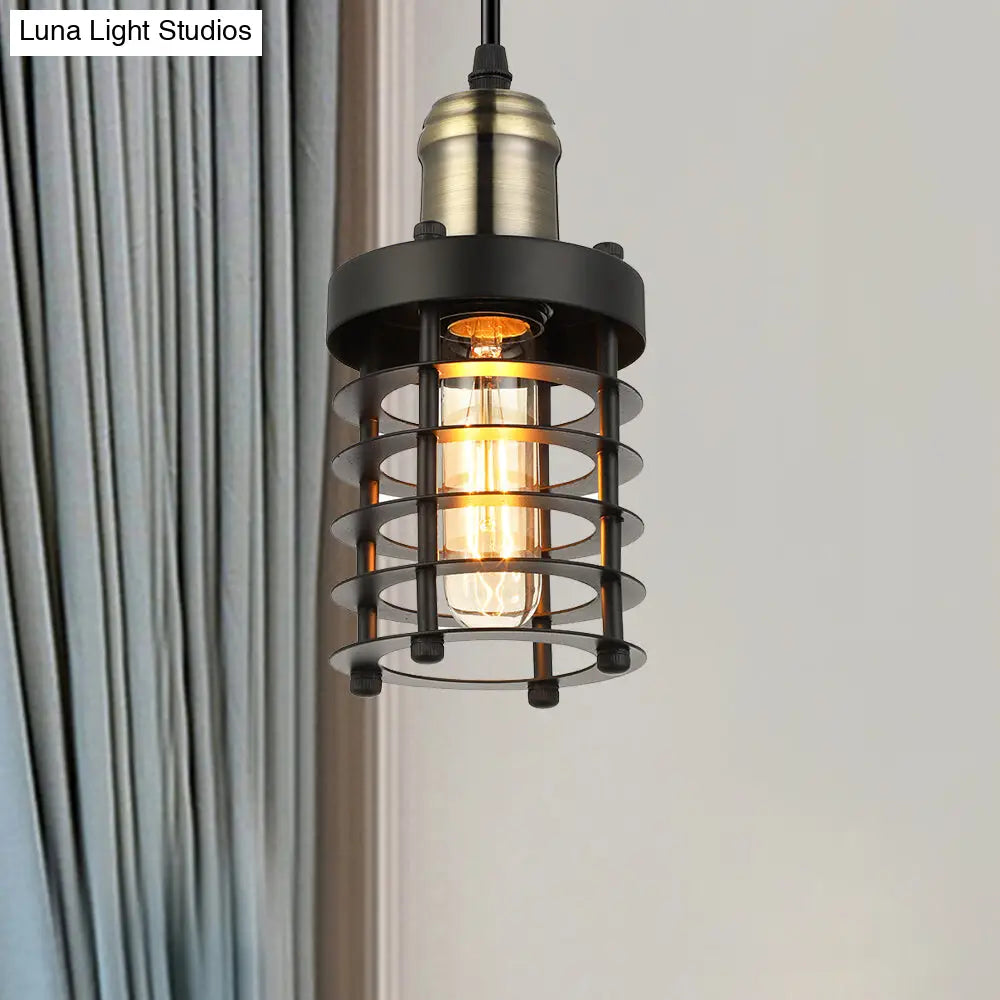 Iron Cylindrical Ceiling Fixture Retro Industrial Hanging Lamp With Wire Cage Shade Antique Brass