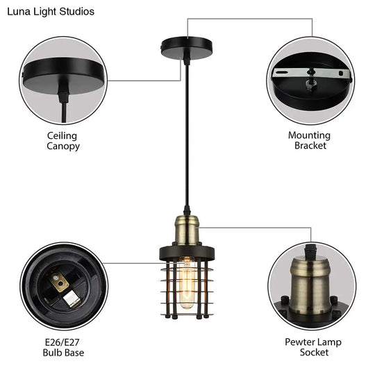 Iron Cylindrical Ceiling Fixture Retro Industrial Hanging Lamp With Wire Cage Shade
