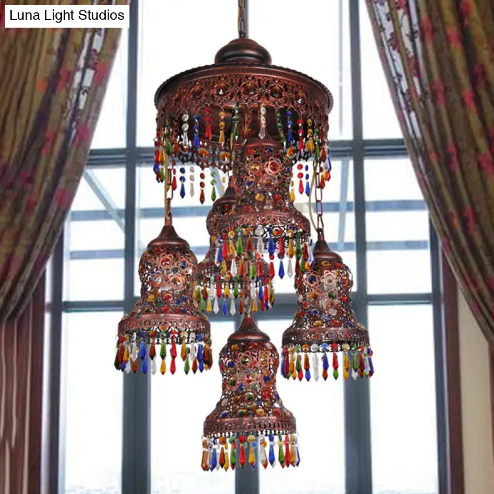 Copper Curved 5-Bulb Ceiling Chandelier - Art Deco Pendant For Bedroom Lighting