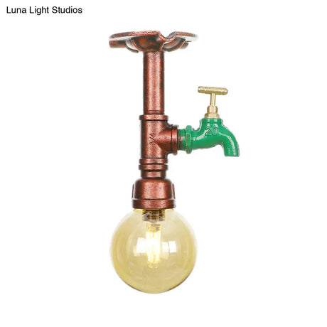 Copper Finish Semi Flush Mount Vintage Ceiling Lamp With Amber Glass Orb