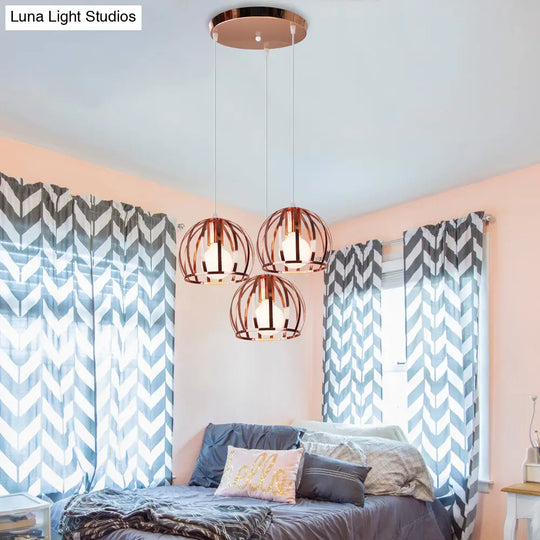 Industrial Copper Domed Metal Hanging Lamp With Wire Cage Shade - 3 Heads Ceiling Pendant For Living