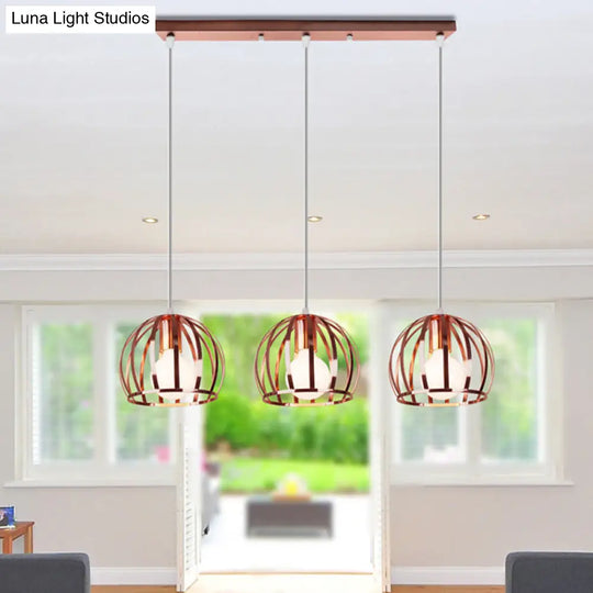Copper Industrial Pendant Lamp With 3 Metal Dome Shades And Wire Cage - Perfect For Living Room