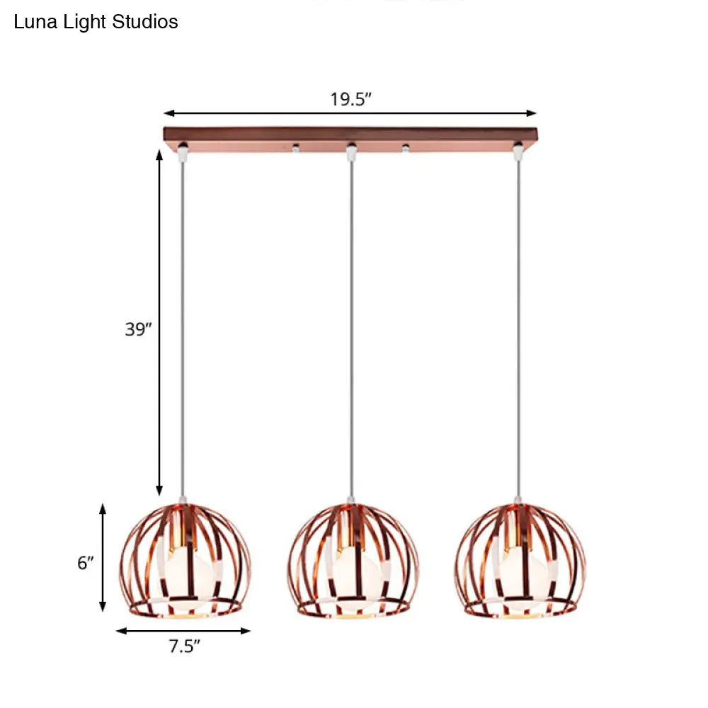 Copper Industrial Pendant Lamp With 3 Metal Dome Shades And Wire Cage - Perfect For Living Room