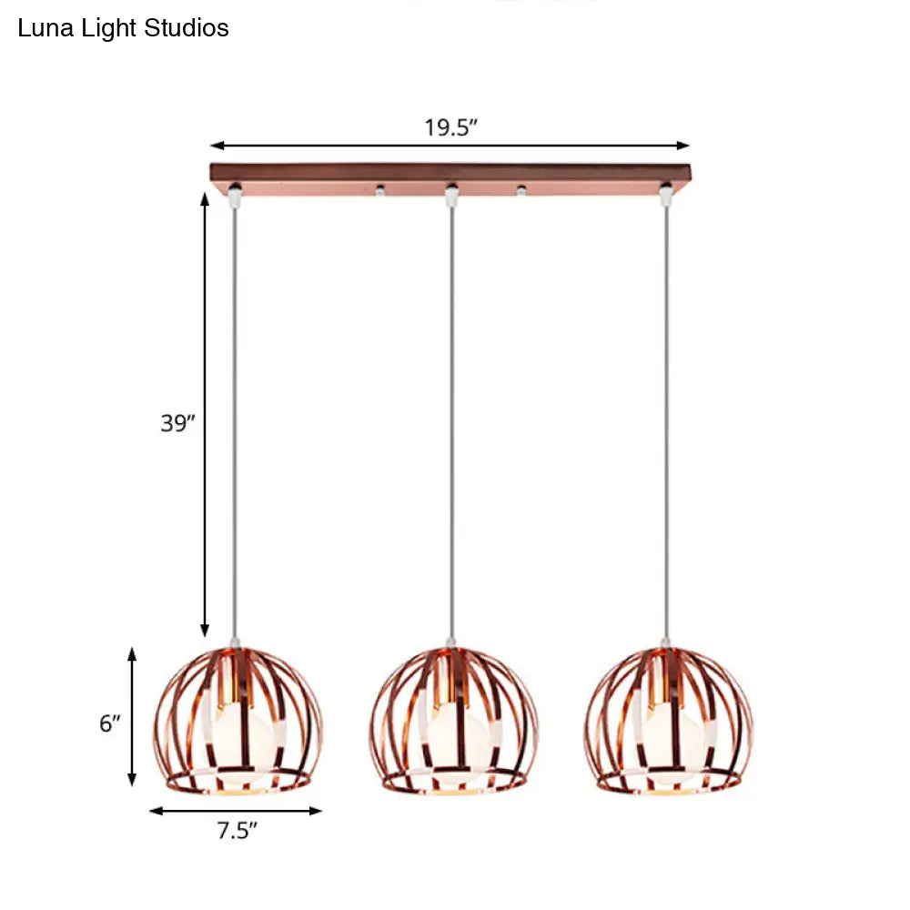 Industrial Copper Domed Metal Hanging Lamp With Wire Cage Shade - 3 Heads Ceiling Pendant For Living