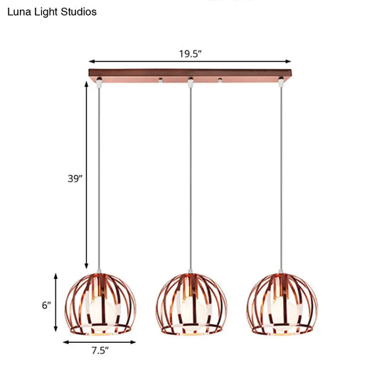 Industrial Copper Domed Metal Hanging Lamp With Wire Cage Shade - 3 Heads Ceiling Pendant For Living