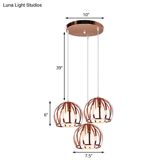 Industrial Copper Domed Metal Hanging Lamp With Wire Cage Shade - 3 Heads Ceiling Pendant For Living