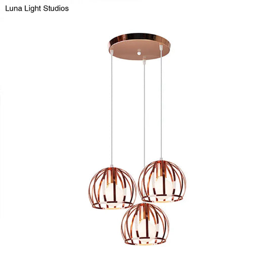 Copper Industrial Pendant Lamp With 3 Metal Dome Shades And Wire Cage - Perfect For Living Room