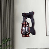 Copper Industrial Wall Sconce With Clear Glass Lantern And Wooden Backplate