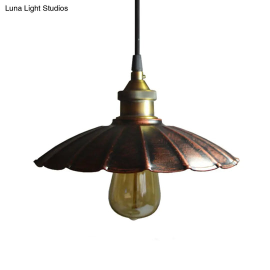 Copper Iron Ceiling Pendant Light With Antiqued Scalloped Drop Design - 1 Bulb 10’/14’/16.5’