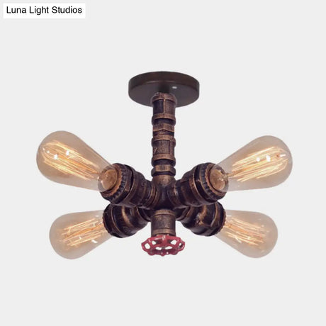 Copper Vintage Metal Sputnik Pipe Flushmount Lighting Fixture - 4 Lights Semi Flush Valve Deco
