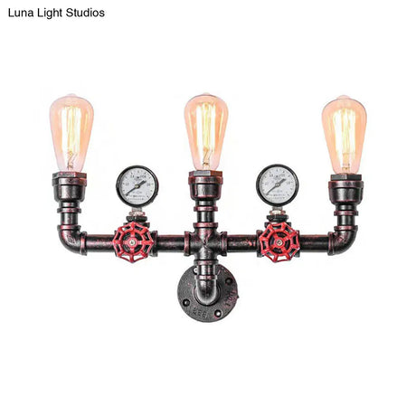 Copper Water Pipe Wall Lighting With Pressure Gauge & Rustic Iron Finish 2/3 Heads - Restaurant