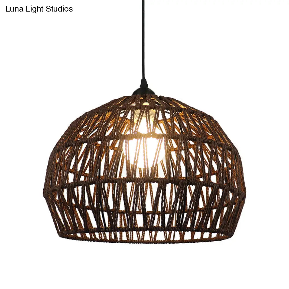 Corridor Hanging Light Fixture With Rattan Shade - Chic Black/Beige Suspended Lamp