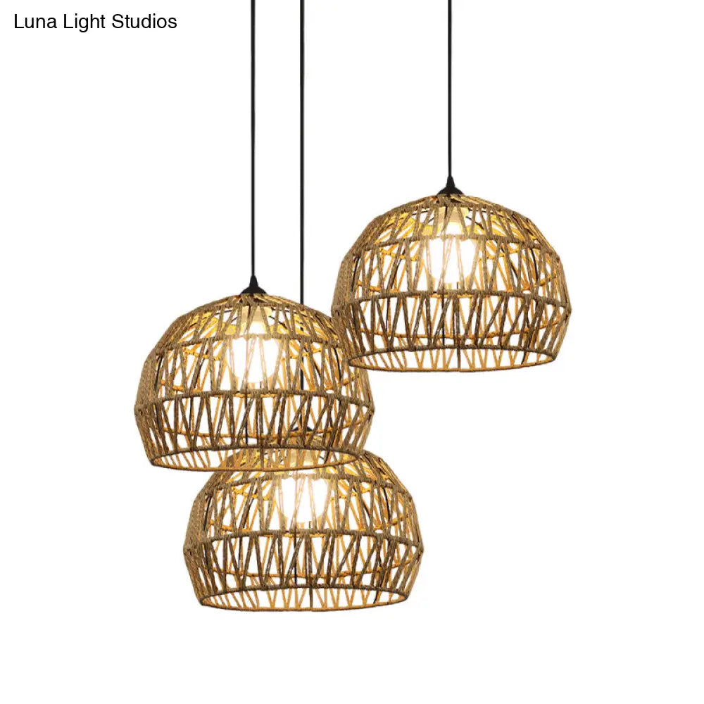 Corridor Hanging Light Fixture With Rattan Shade - Chic Black/Beige Suspended Lamp