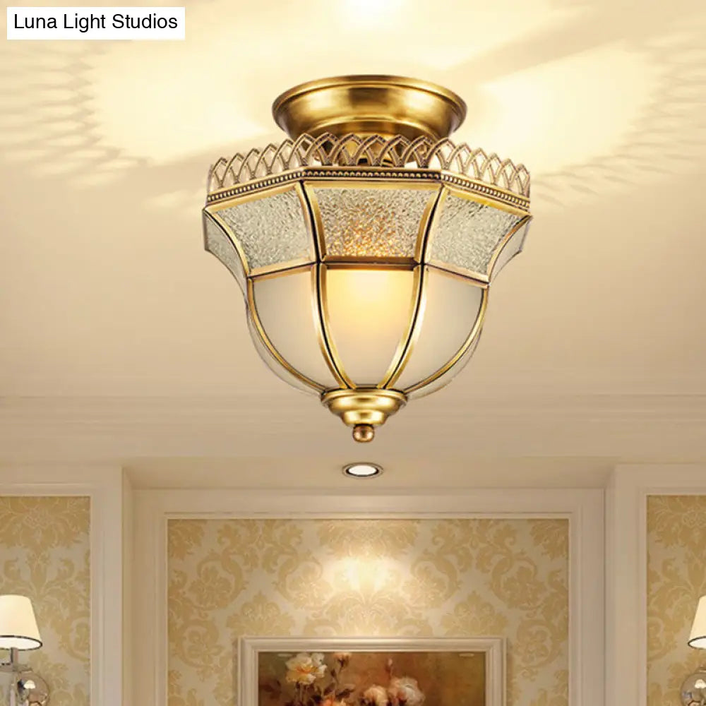 Cottage Crackle Brass Ceiling Lamp With Milky Glass Inverted Bell Semi Mount