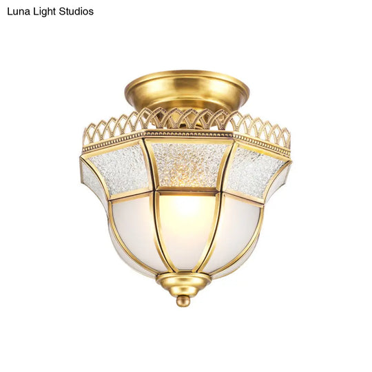 Cottage Crackle Brass Ceiling Lamp With Milky Glass Inverted Bell Semi Mount