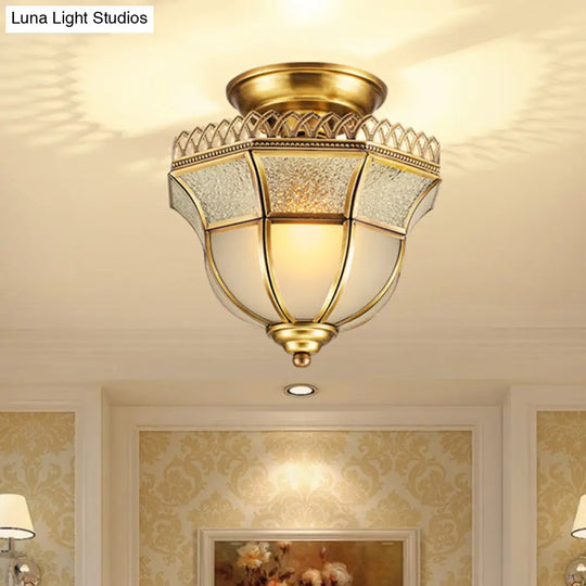 Cottage Crackle Brass Ceiling Lamp With Milky Glass Inverted Bell Semi Mount