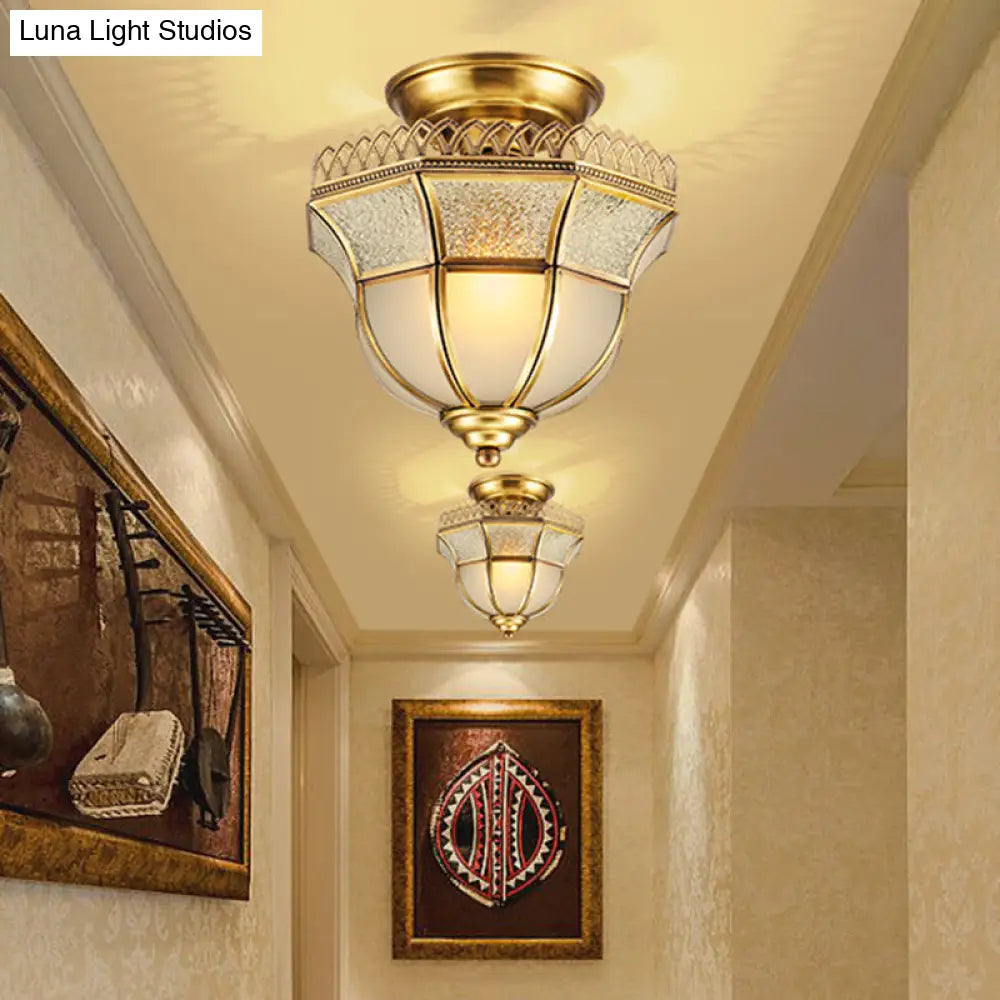 Cottage Crackle Brass Ceiling Lamp With Milky Glass Inverted Bell Semi Mount