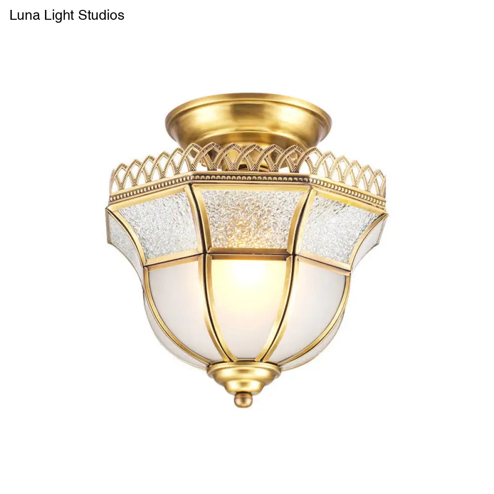 Cottage Crackle Brass Ceiling Lamp With Milky Glass Inverted Bell Semi Mount