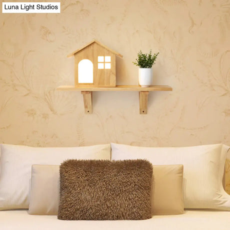 Cottage Led Wall Sconce With Decorative Wood Accent & Shelf For Bedroom Lighting