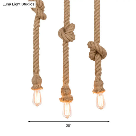 Country 3-Light Beige Rope Pendant With Open Bulb - Natural And Stylish Balcony Lighting