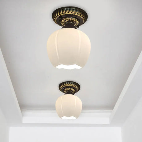 Country Blossom Flush Mount Ceiling Lighting - Single Bulb Milky Glass In Brown