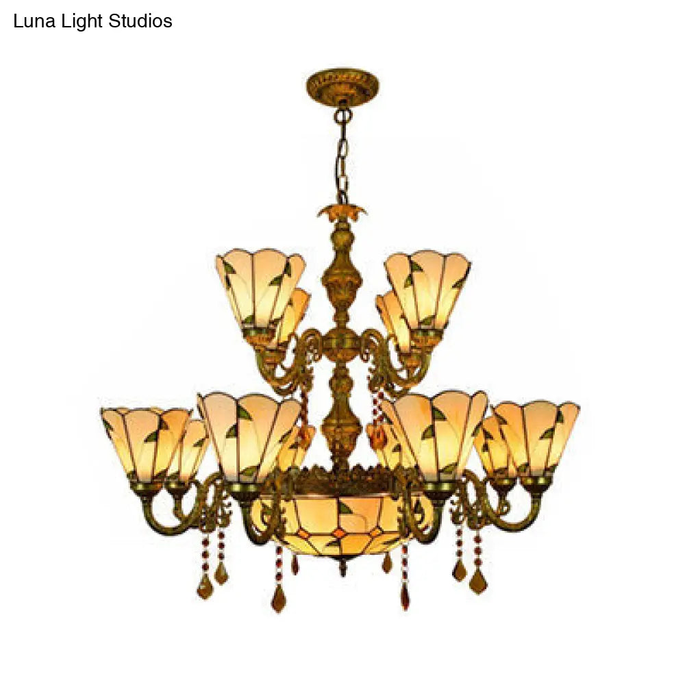 Beige/Blue Stained Glass Country Chandelier - 12 Heads Two-Tier Suspension Light For Living Room