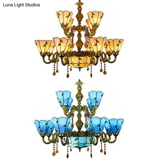 Beige/Blue Stained Glass Country Chandelier - 12 Heads Two-Tier Suspension Light For Living Room