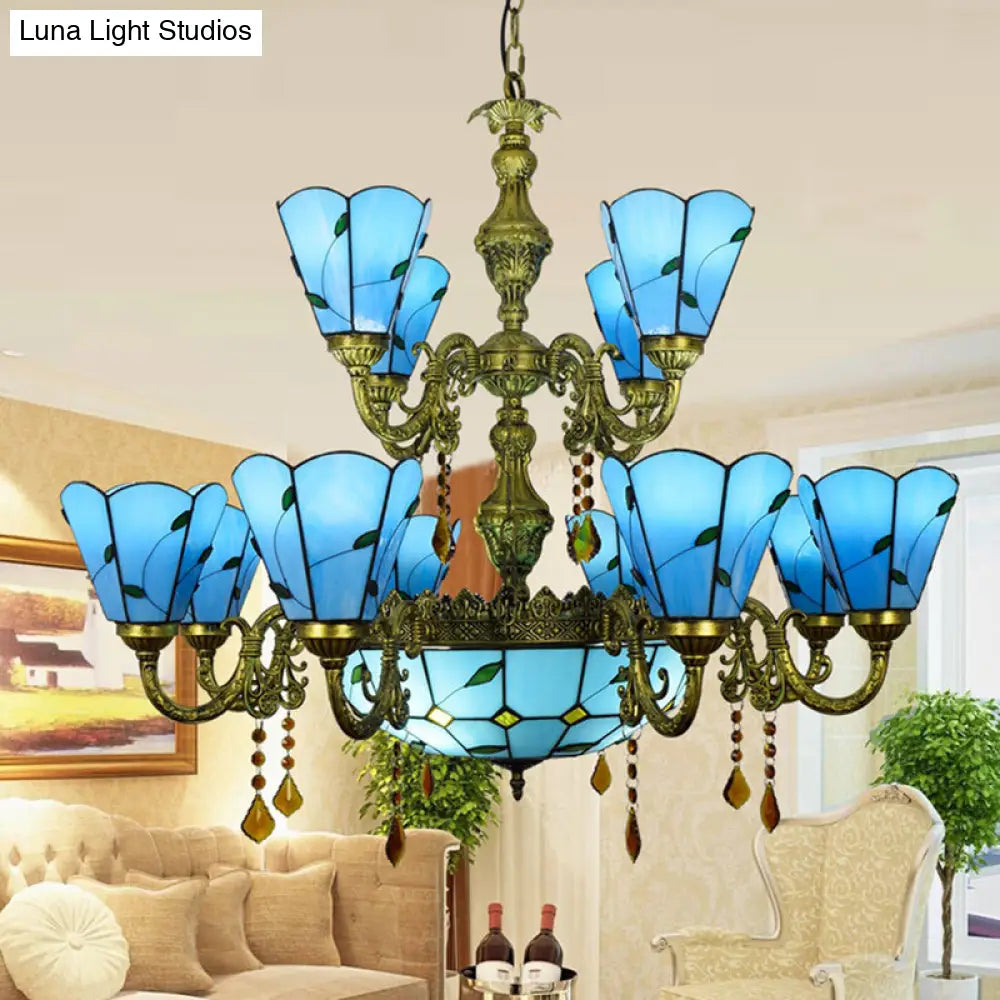 Beige/Blue Stained Glass Country Chandelier - 12 Heads Two-Tier Suspension Light For Living Room