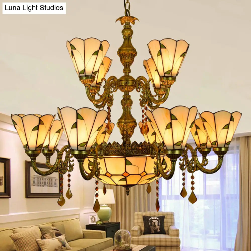 Beige/Blue Stained Glass Country Chandelier - 12 Heads Two-Tier Suspension Light For Living Room