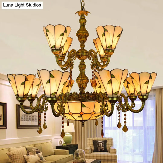 Beige/Blue Stained Glass Country Chandelier - 12 Heads Two-Tier Suspension Light For Living Room