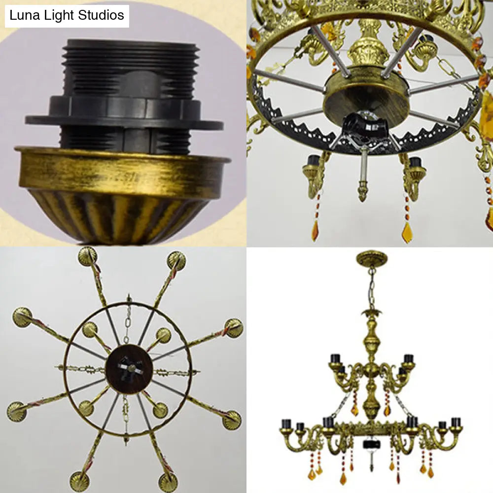 Country Chandelier: Beige/Blue Stained Glass 12 Heads Two-Tiers Pendant Light For Living Room