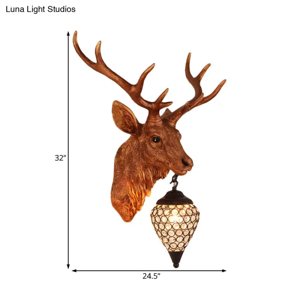 Country Crystal Wall Sconce Lamp With Deer Head Teardrop Beveled Design - 15/20.5/24.5 Wide 1
