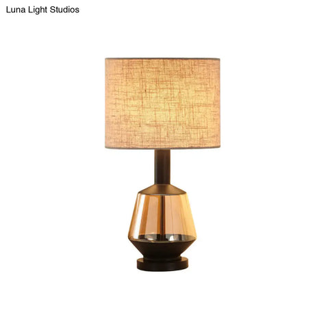 Country Cylinder Nightstand Lamp With Urn Amber Glass Base - White/Beige Fabric Shade