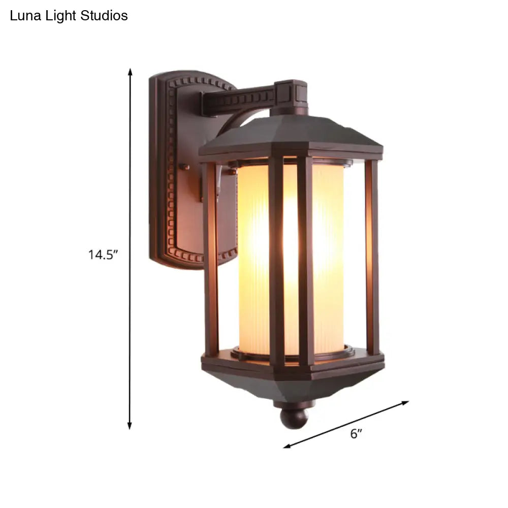 Country Dark Coffee Cylinder Wall Light Sconce With Frosted Glass - Outdoor Lighting Idea