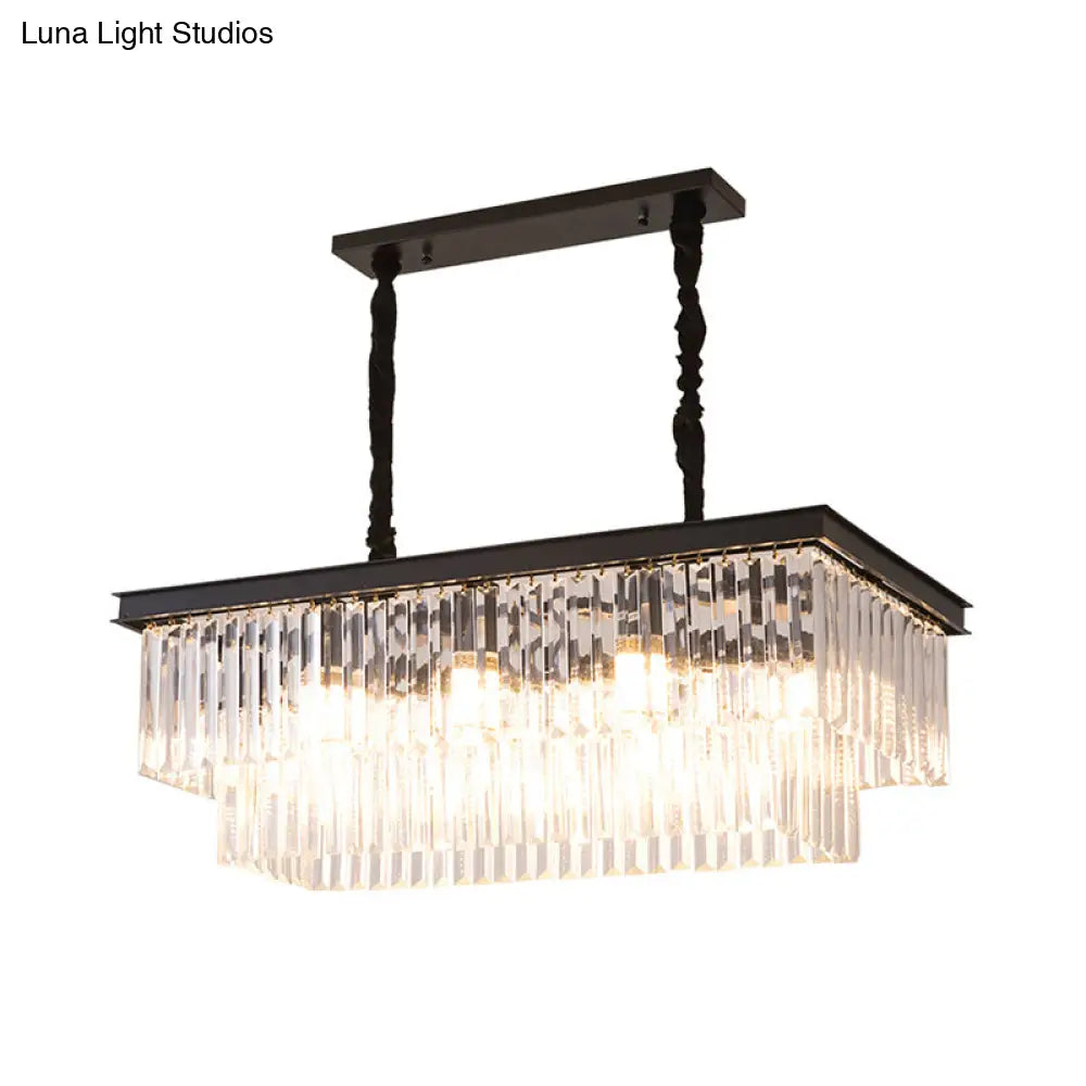 Country Dining Room Island Lamp With Rectangular Crystal Shade - 8 Bulbs Hanging Light Kit Black