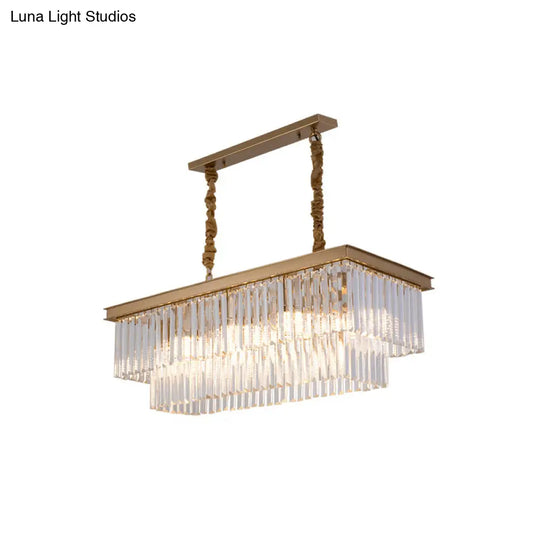 Country Dining Room Island Lamp With Rectangular Crystal Shade - 8 Bulbs Hanging Light Kit Gold
