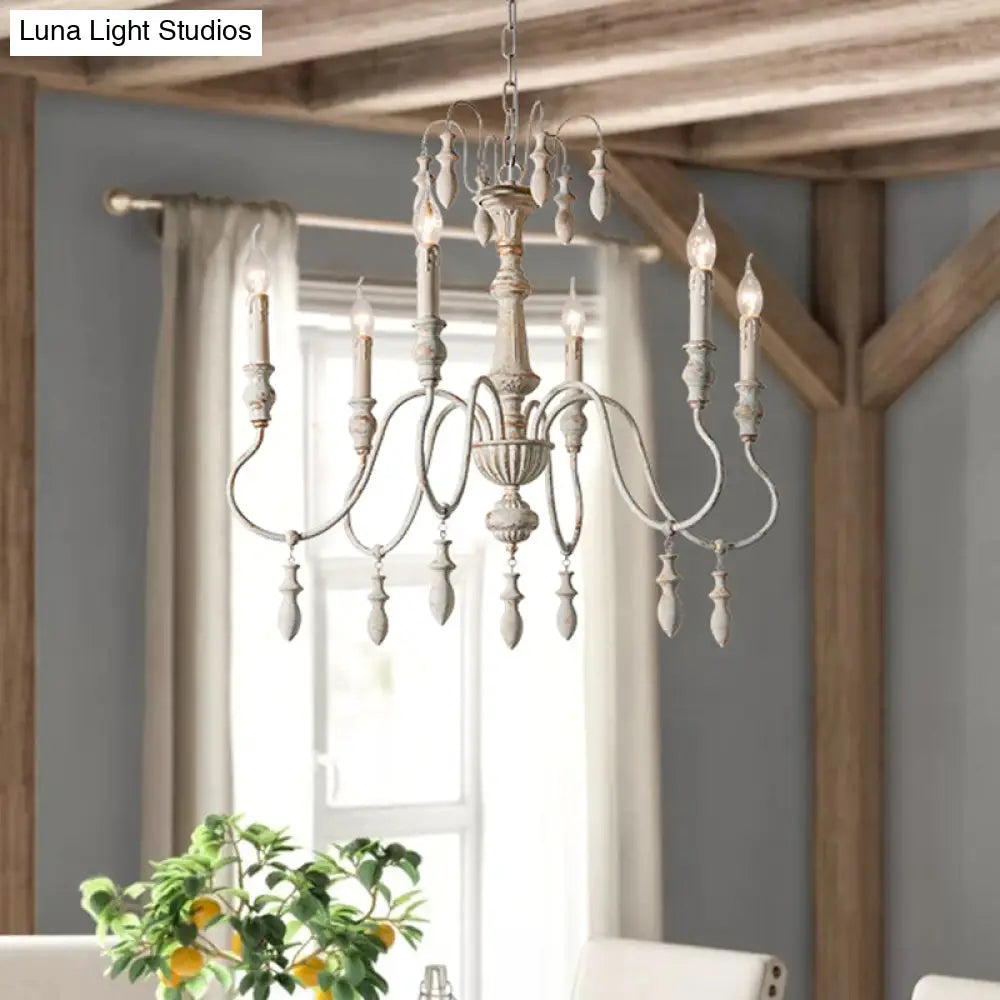 Country Distressed White Wood Chandelier Lighting - 6 Heads Swooping Arm Ceiling-Hung