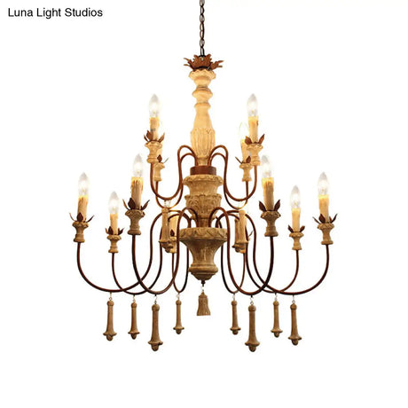Country Distressed Wood Pendant Chandelier With Scrolled Arm - Living Room Hanging Light Kit