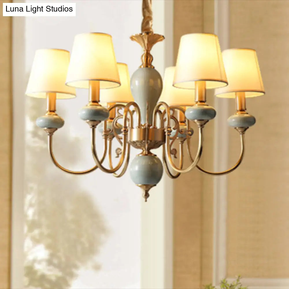 Country Gold Fabric Chandelier - 6 Heads Conical Suspension Light For Dining Room With Elegant
