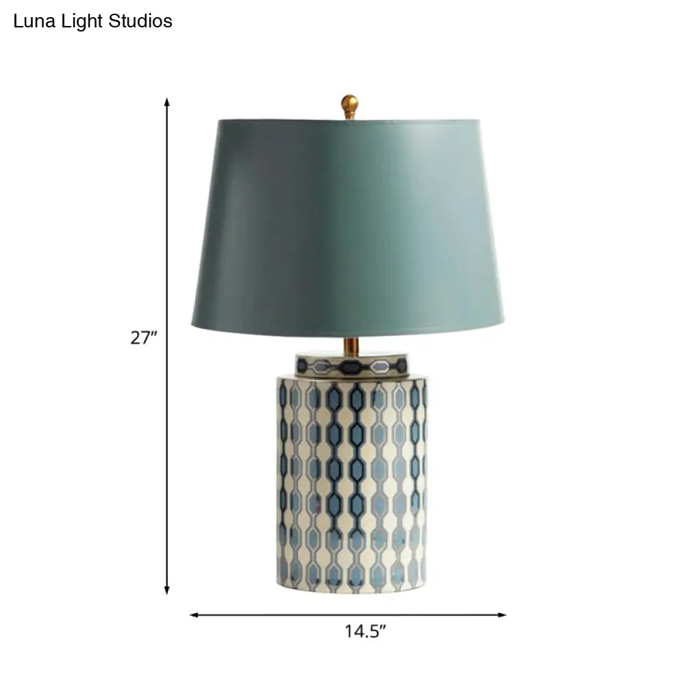 Country Green Fabric Tapered Drum Nightstand Lamp - 1-Bulb Table Lighting