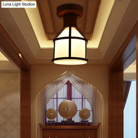 Country Opal Glass Dome Ceiling Light Fixture With Cage - Brown Flush Mount Lamp