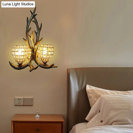 Country Resin Antler Wall Lighting 2-Light Sconce In Brown/Gold With Crystal Shade