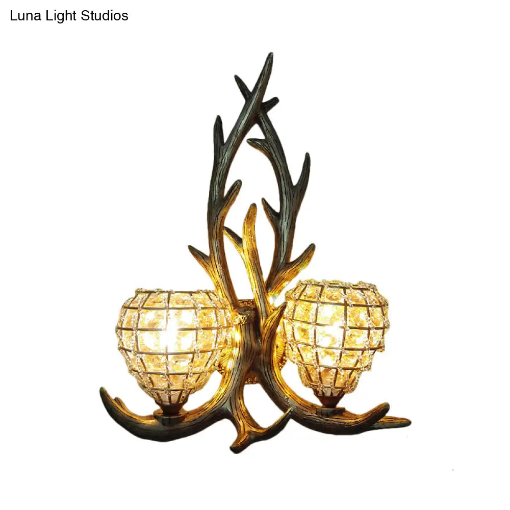 Country Resin Antler Wall Lighting 2-Light Sconce In Brown/Gold With Crystal Shade
