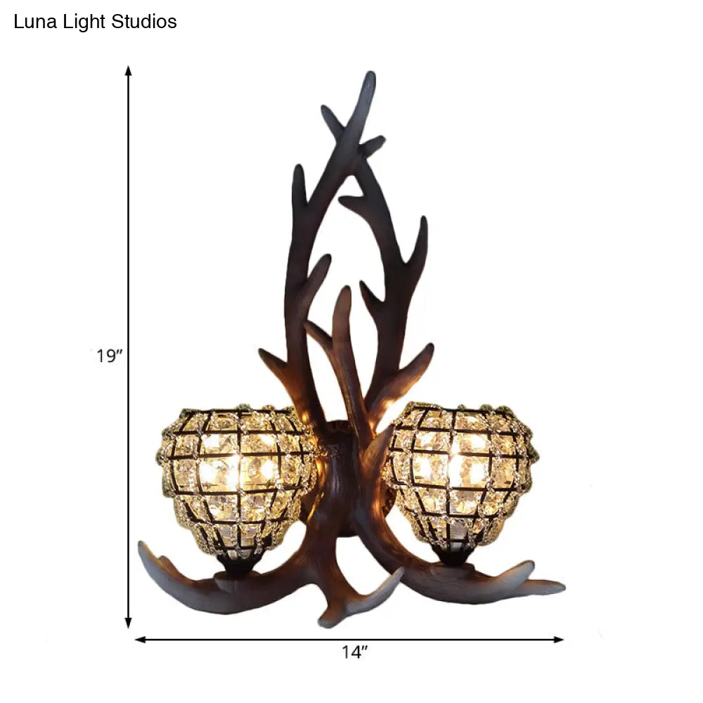 Country Resin Antler Wall Lighting 2-Light Sconce In Brown/Gold With Crystal Shade