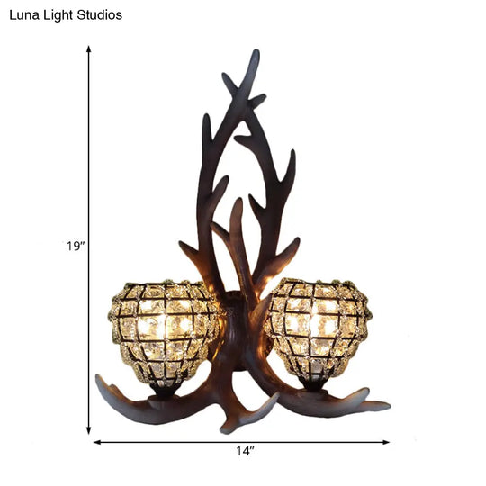 Country Resin Antler Wall Lighting 2-Light Sconce In Brown/Gold With Crystal Shade