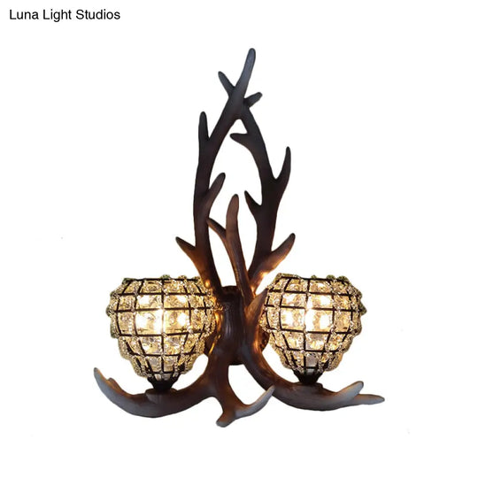 Country Resin Antler Wall Lighting 2-Light Sconce In Brown/Gold With Crystal Shade