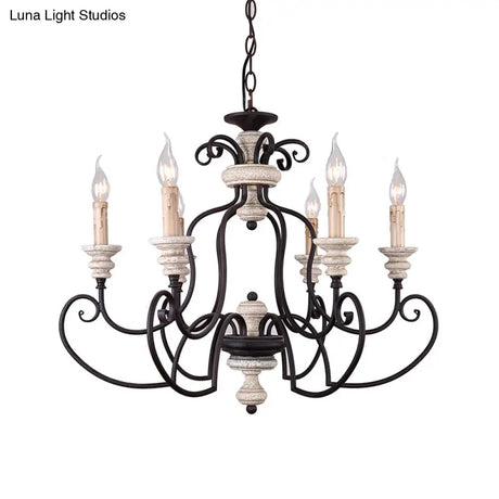 Country Rustic Metal Chandelier With 6 Candle-Style Lights - Scrolled Arms And Ceiling Suspension